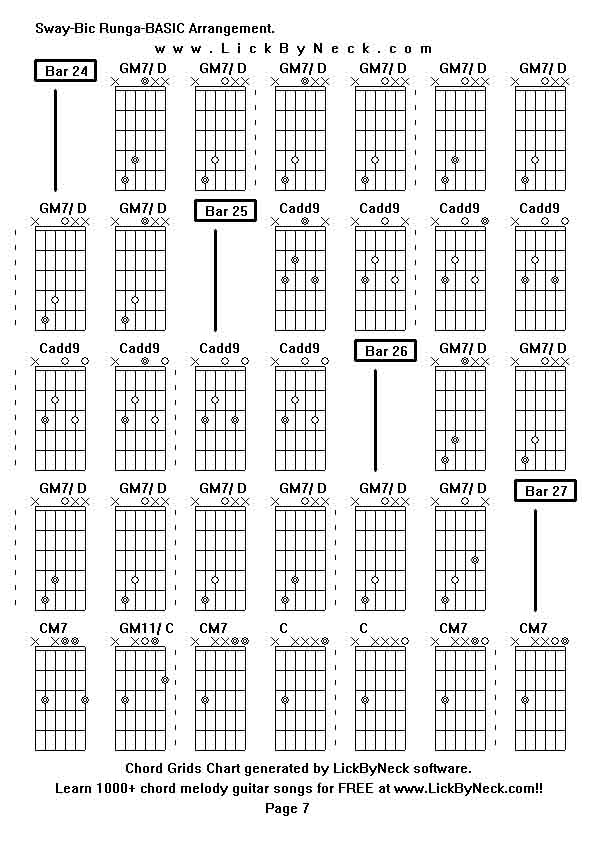 Chord Grids Chart of chord melody fingerstyle guitar song-Sway-Bic Runga-BASIC Arrangement,generated by LickByNeck software.